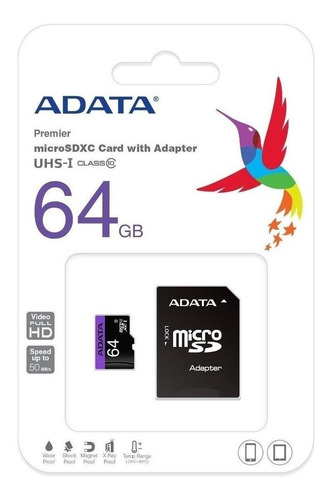 Tarjeta de memoria Adata AUSDX64GUICL10-RA1 Premier con adaptador SD 64GB