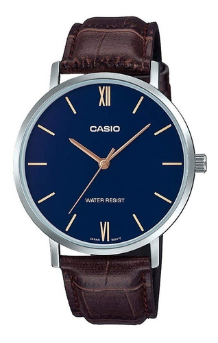 Reloj De Pulsera Casio Dress Mtp-vt01l-2budf, Analógico, Para Hombre, Fondo Azul, Con Correa De Cuero Color Marrón, Agujas Color Dorado, Dial Dorado, Bisel Color Plateado Y Hebilla S