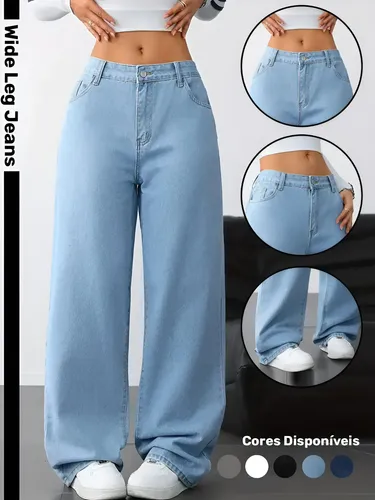 Calca Wide Leg Jeans Feminina Reta Perna Larga Empina Bumbum