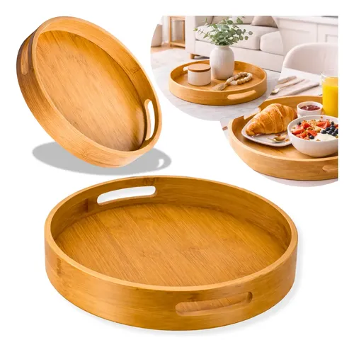 Bandeja De Café Redonda Bambu Decorativa  Organizadora 35cm Natural