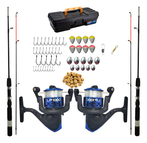 Kit Duplo Vara 2p 1,50m+ Molinete Maleta Saq Racao Jaú Pesca