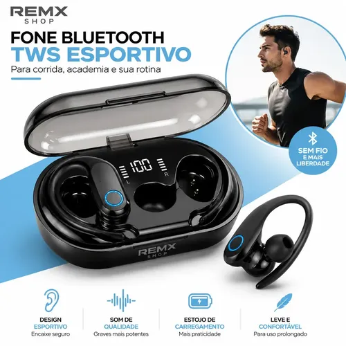 Fone Bluetooth 5.3 TWS Esportivo Gancho Microfone Display LED Resistente à Água Ergonômico Esportivo Resistente A Água Display Digital Led Bateria Longa Duração Compatível diversos