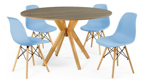 Mesa De Jantar Marci Natural 120cm + 4 Cadeiras Eames Eiffel Cor Azul-claro
