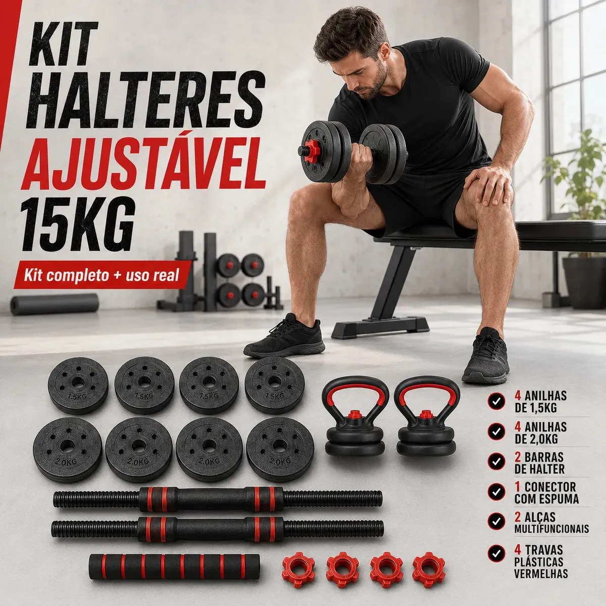 Kit Halteres e Barra Ajustável 6 em 1 de 15kg para Musculação