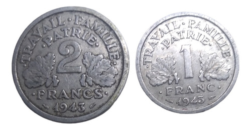 Monedas  Francia De Vichy 2 Y 1 Franco 2 Piezas Año 1943  