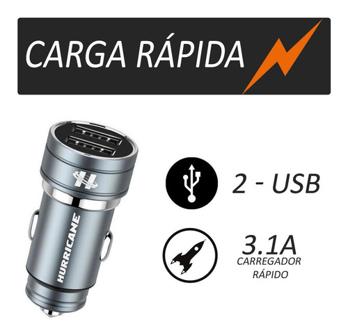 Carregador Veicular 2 Usb Carregamento Rápido Hurricane