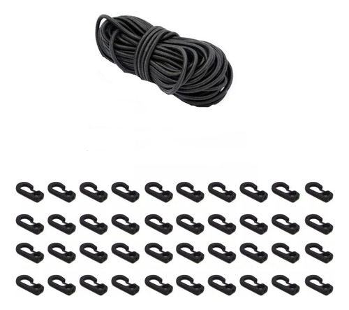 Cuerda Cabo Soga Elástica Negro 6 Mm X 20 Mts + 40 Ganchos