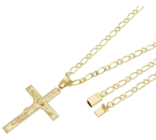 Pingente Crucifixo Com Corrente Italiana Folheado A Ouro 18k