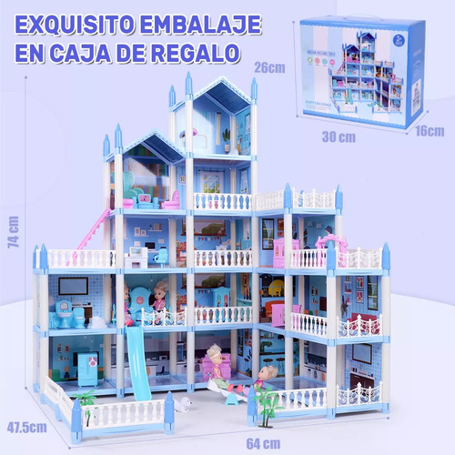 Casa De Muñecas Grande Con Muebles, 16 Cuarto,4 Muñecas,azul