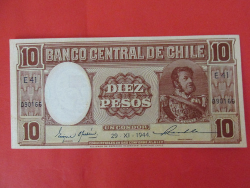 Billete Chile 10 Pesos Firmado Oyarzun- Maschke Año 1944