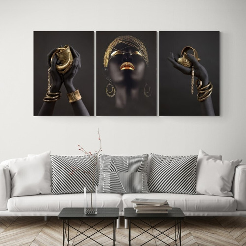 Imagen 2 de 5 de Cuadro Decorativo Mural Triptico Black Beauty 90x42 Mdf