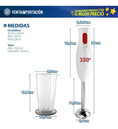 Imagen 3 de 6 de Minipimer Mixer Batidora De Mano + Vaso Dosificador + Tapa