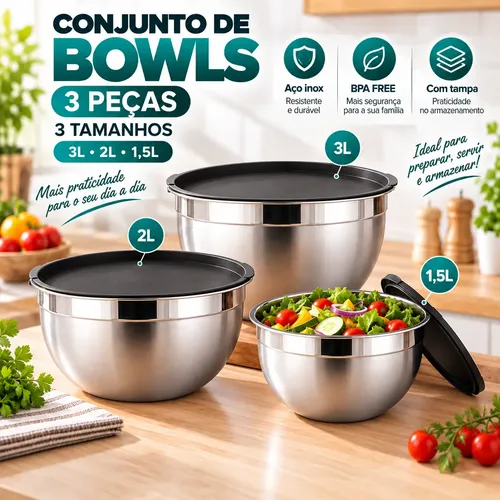 Kit3 Conjunto Pote Tigela Bowls Inox Com Tampa Hermética Prateado