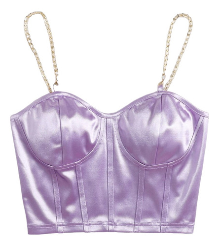 Top Corto Bustier Casual Satin Tirantes De Cadena Purpura