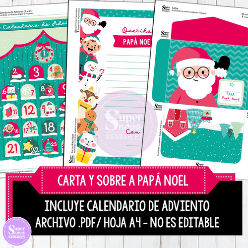 Carta Y Sobre Papá Noel + Calendario De Adviento Navidad