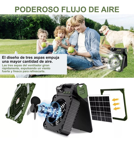 Ventilador Solar Portátil Con Luz Led Batería Recargable Usb Cantidad De Aspas 3 Estructura Verde Oscuro Aspas Negro Diámetro 14 Cm Frecuencia 4 Material De Las Aspas Plástico