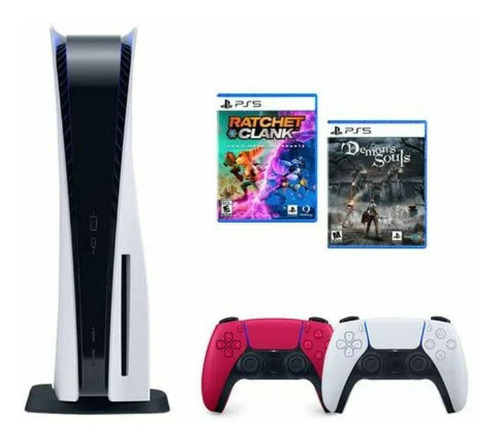 Sony PlayStation 5 825GB Kit: PS5 HW Standard + Dualsense + PS5 Demons Souls + PS5 Ratchet & Clank cor  branco e preto