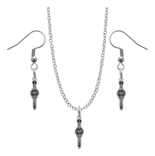 Kit Collar Y Aretes Herramientas Regalo Dije Cadena Acero Plateado Reloj Mano Relojero