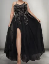 Comprar Vestido Negro Largo Tajo Brillos Fiesta Quince Gala Madrina