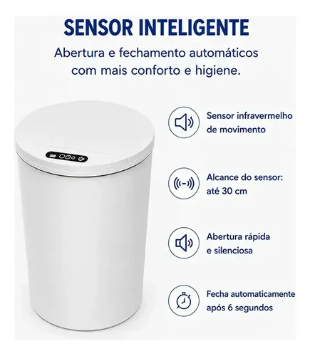 Lixeira Inteligente Com Sensor 16l Cor Branco Durável E Moderna Para Residencial E Comercial