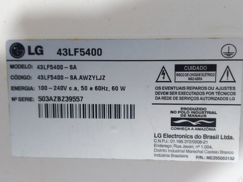 Placa Fonte Tv Lg 43lf5400 / Eax66162901(1.7) (Usado)