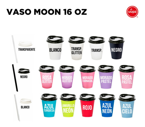12 Vasos Reusables Moon 16oz / Popotes De Tapioca De Color Transparente Glitter Con Negro