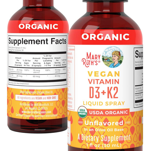 Mary Ruth's Spray Vegano Con Vitamina D3 Y K2 30ml Sabor Sin Sabor