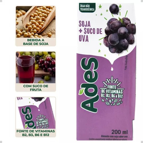 Bebida De Soja Sabor Uva Ades 200ml Kit C/20