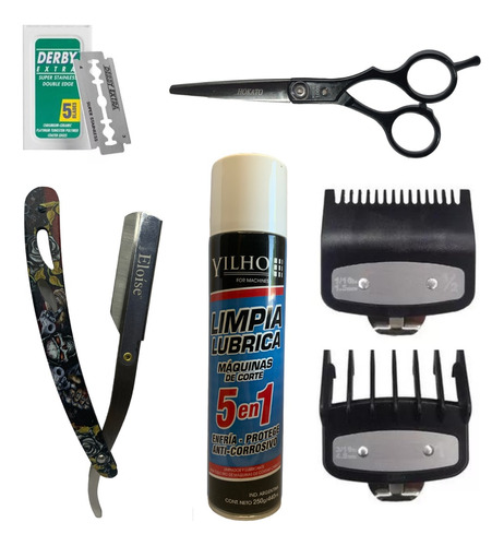 Combo Barberia Navaja Filos Spray Kit Alzas Tijera De Corte