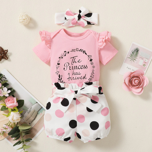 Conjunto Adorable Con Shorts De Lunares Y Diadema Con Moño Rosa 9-12 M