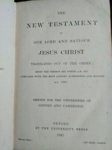 The New Testament Of The Lord And Saviour Jesus Christ 1881