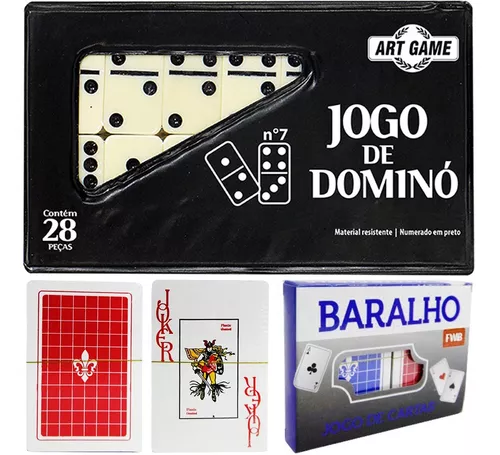 Dominó Dominoes com 28 Peças de 9mm e Estojo Lata + Baralho MB Teach com  108 Cartas