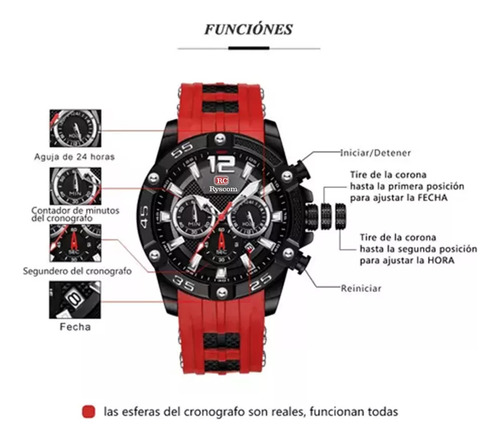 Reloj Para Hombre Marca Ryscom Sub Esferas Minutos Segundos Correa De Silicona Caja De Acero Inoxidble Mancillas Luminosas Verde Por La Noche Deportivo 3atm Calendario