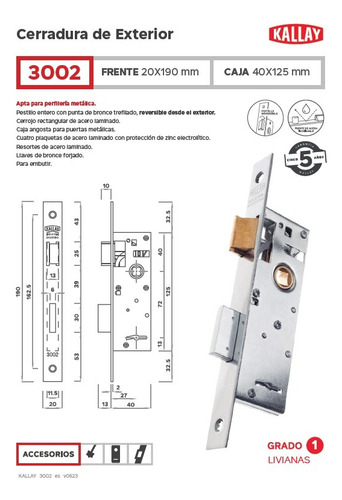 Cerradura Exterior Liviana | Kallay 3002 | Frente Inoxidable