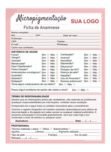 Kit Ficha Anamnese + Bloco Cuidados Pós Micropigmentação