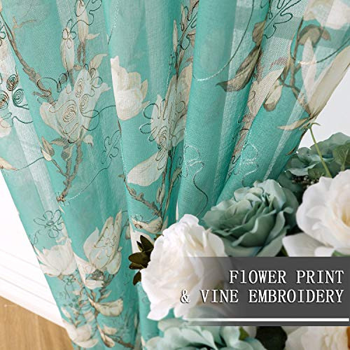 Cortina Corta Transparente Turquesa Con Estampado De Flores