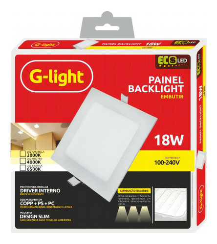 Painel Slim Backlight Quadrado Embutir 18w 6500k G-light Cor Branco Frio