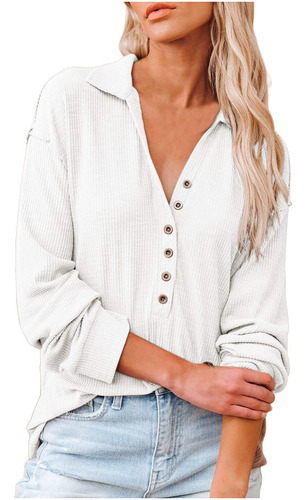 Camisa Cuello V Abotonada Para Mujer Blusa Holgada Manga