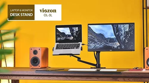 Viozon Soporte para monitor y laptop, 2 en 1 ajustable de doble brazo,  soporte de brazo único para pantallas LCD de 17 a 32 pulgadas, bandeja