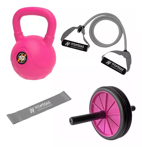 Kit Set Rueda Simple + Pesa Rusa Kettlebell 10 Kg + Bandas