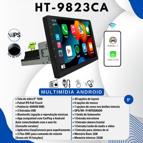 Multimídia 9 Pol Traseira 1 Din Ht-9823ca Android Câmera