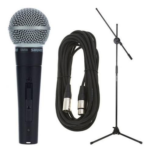 Kit com microfone Shure SM58 dinâmico cardióide e unidirecional