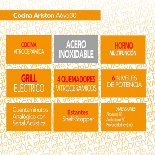 Imagen 2 de 4 de Cocina Ariston A6v530 (x) Vitrocerámica 60cm Digiya