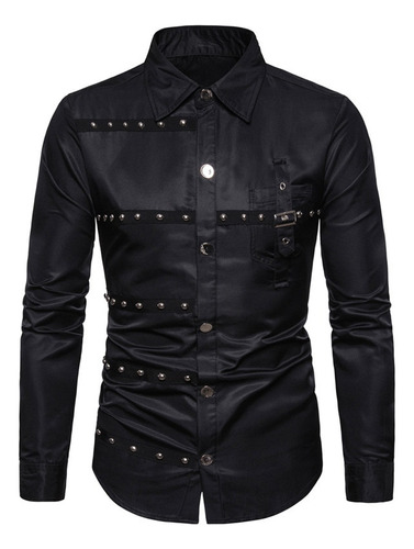 Camisa Larga Hombre Nuevo Estilo Gótico Remache Camisa Cargo