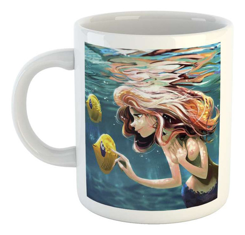 Taza Ceramica Sirena Bella Dibujo Mar Playa Peces Color