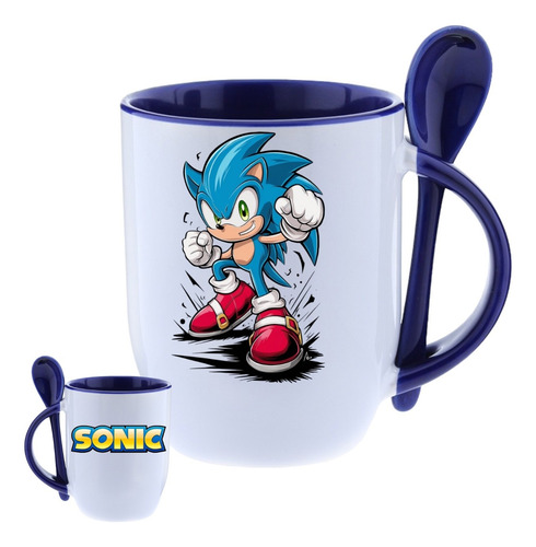 Taza Con Cuchara Sonic The Hedgehog 320ml Cerámica Premium Azul Sonic