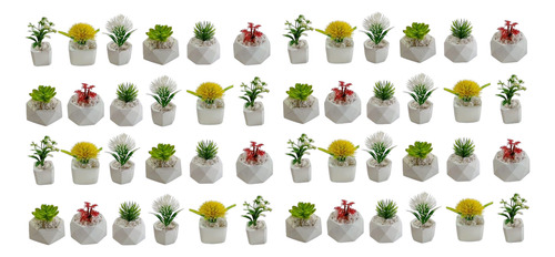Macetitas Geométricas De Concreto Con Planta Artificial 50p Blanco