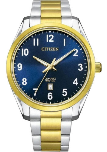 Reloj Citizen Bi103657l Para Hombre Analogico Cuarzo Color de la malla plateado y dorado Color del bisel Dorado Color del fondo Azul