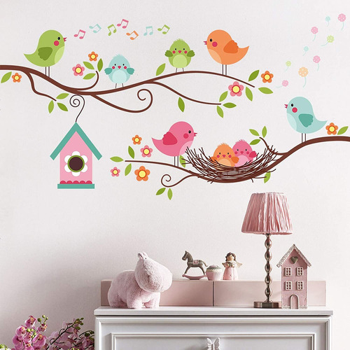 Vinilos Decorativos  Mural Ramas Con Pajaros Baby Multicolor
