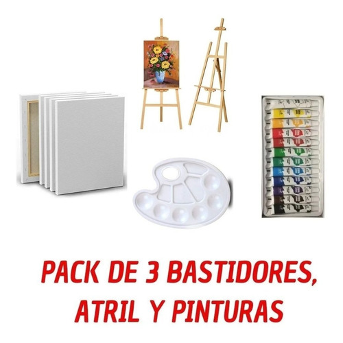Pack/set De 3 Bastidores, Atril 120cm Y 12 Pinturas